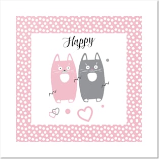 Happy Pink and Grey cats pattern. Funny Gifts & Clothing Collection with Cute black cats animals, Pink and Grey Lovely Little Kittens pattern Posters and Art